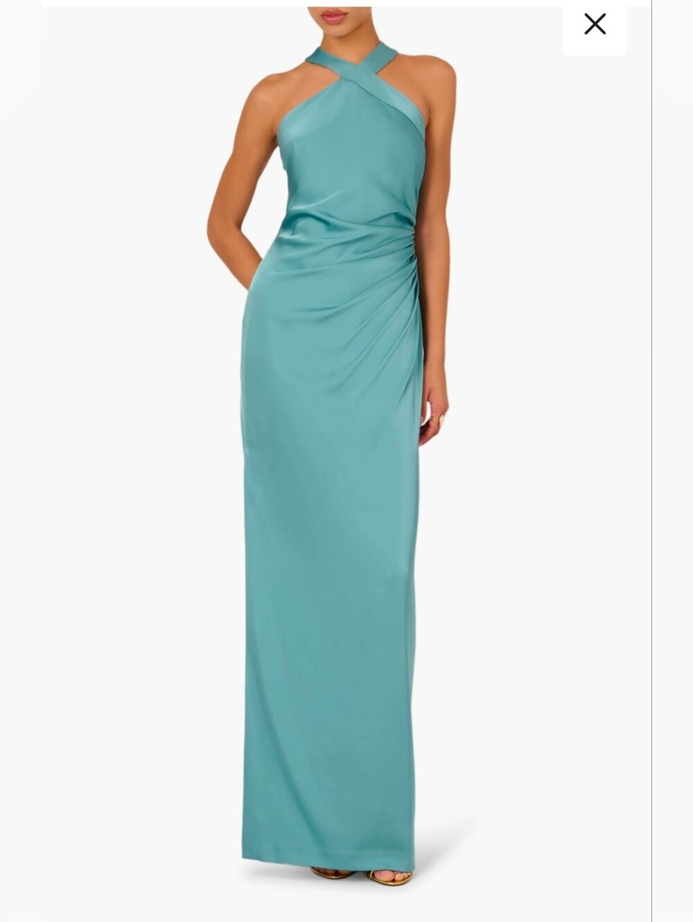 Adrianna Papell Dress Blue Teal Evening Gown Ruched Drape Stretch Satin Size 12